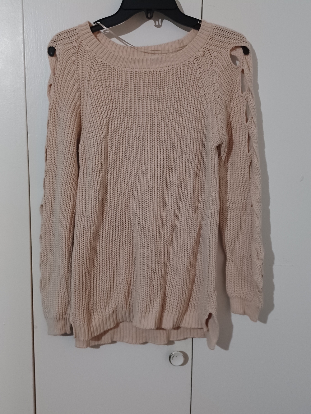 Women’s Open-Stitch Crewneck Sweater in Light Pink